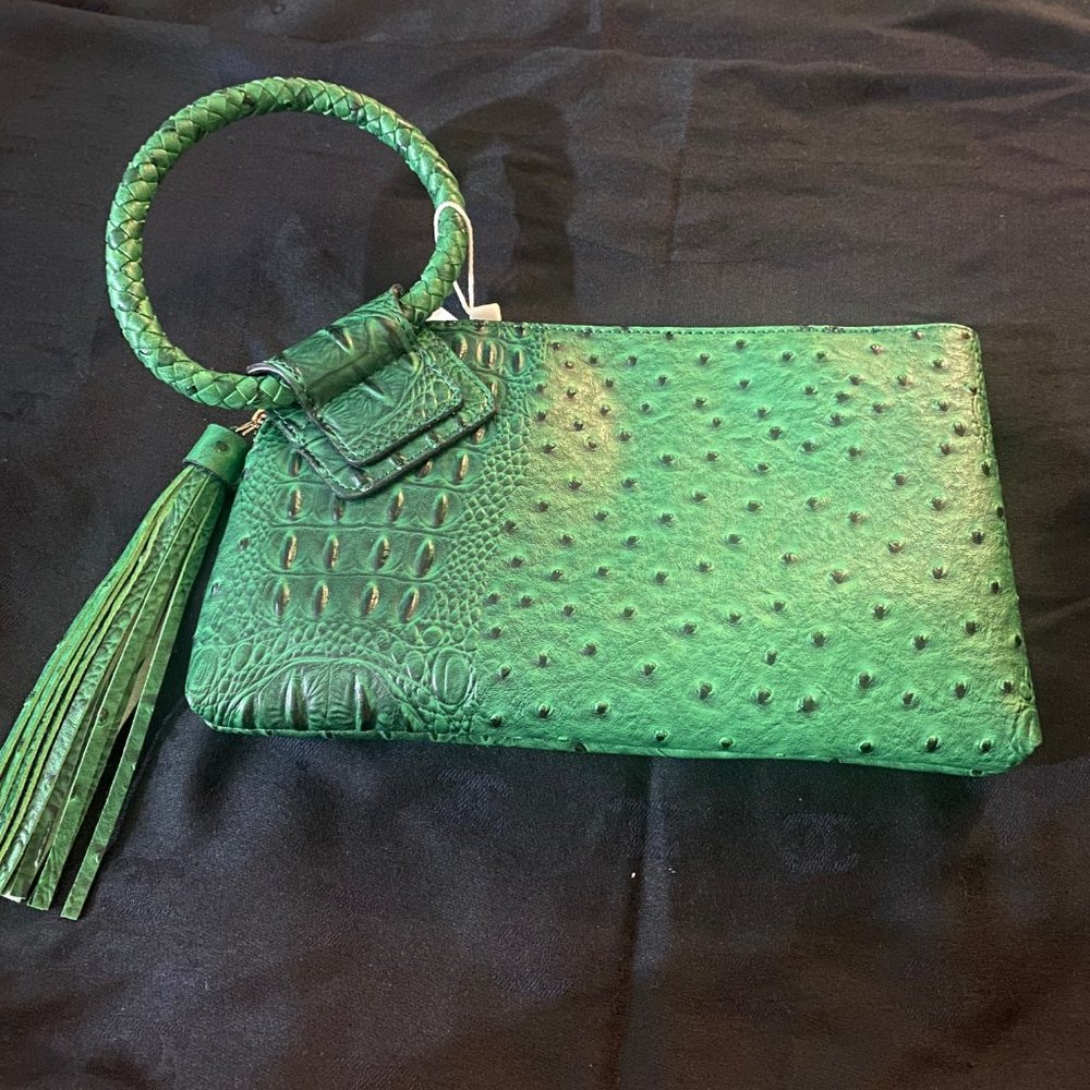 Vegan Leather Green Ostrich Wristlet/Pocketbook with a tassel